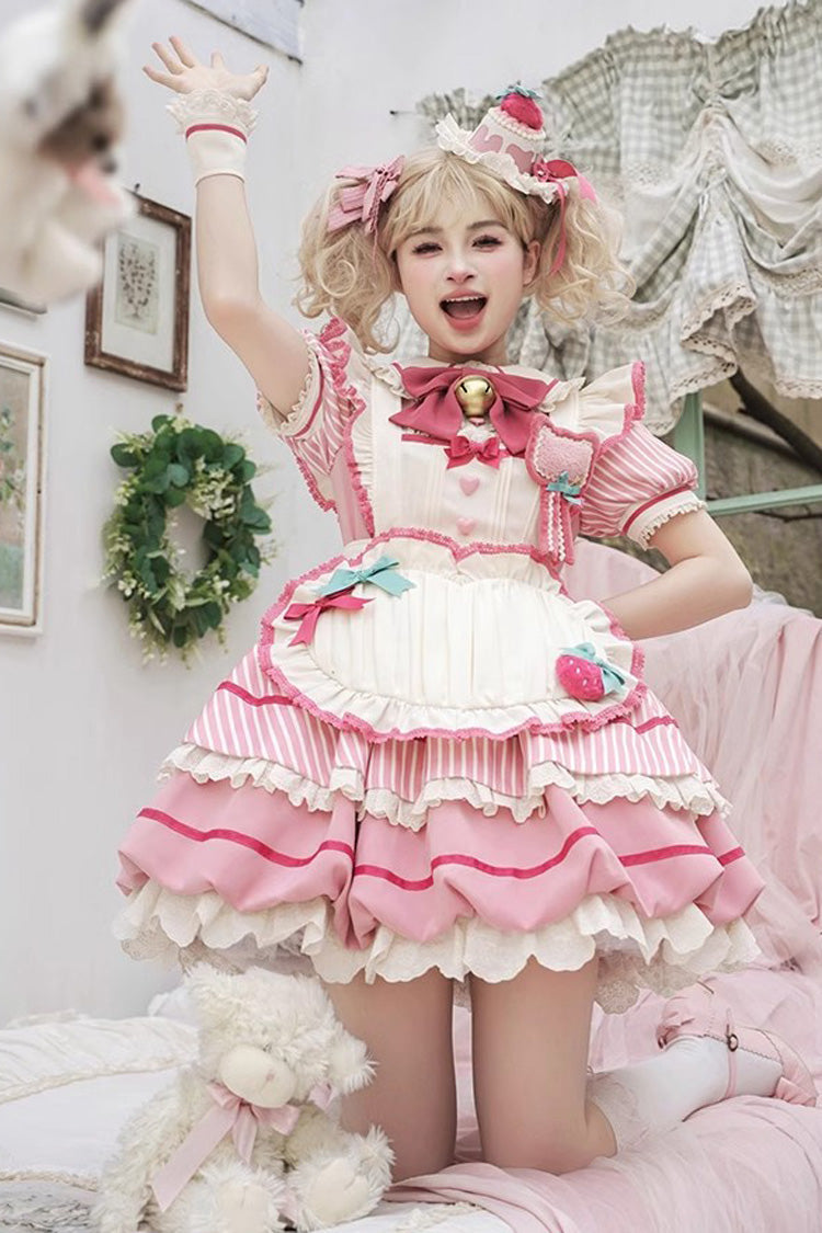 Pink [Berry Bubbles] Stripe Print Ruffle Bowknot Lace Sweet Lolita Dress - Product - 5