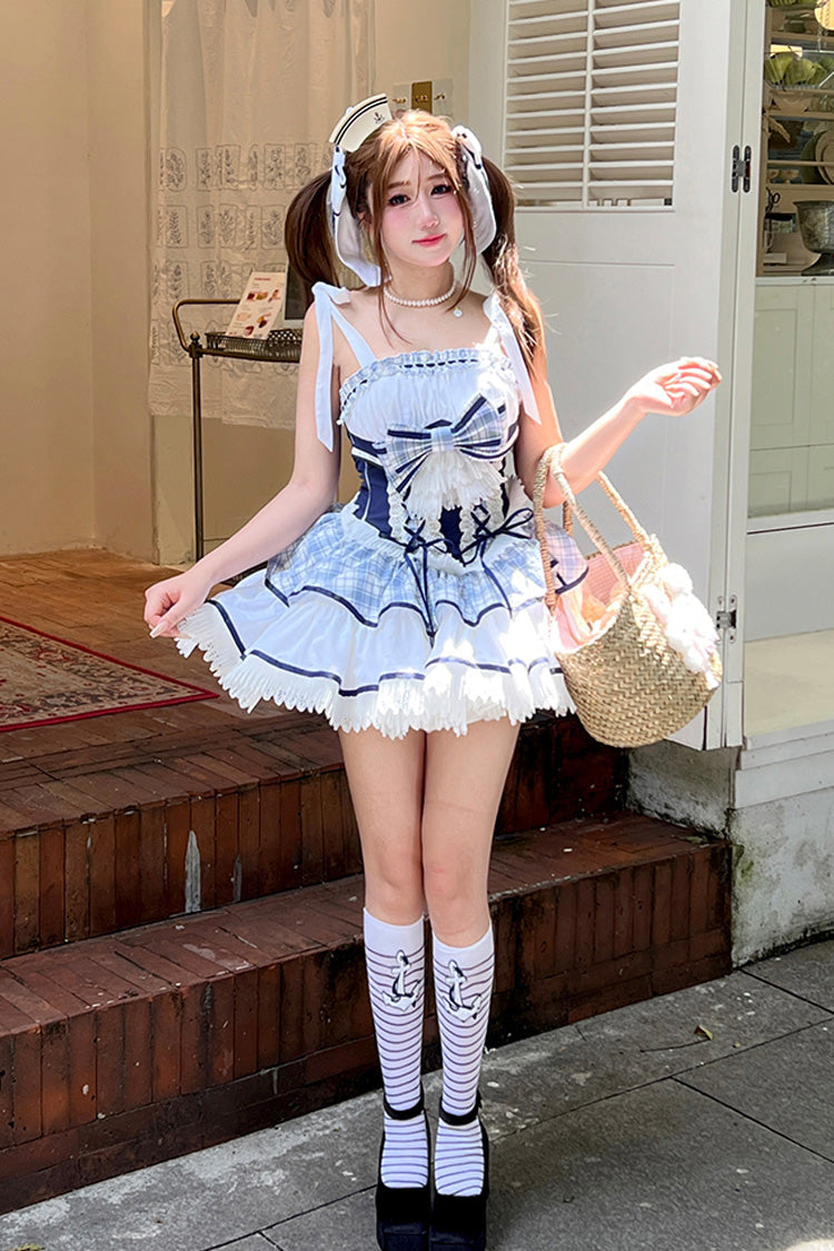 Blue/White [Sailing Love] Navy Collar Sleeveless Plaid Print Ruffle Bowknot Sweet Lolita Dress - Product - 12