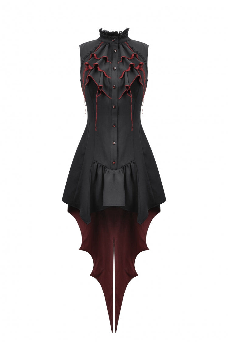 Black/Red Contrast Color Women's Gothic Ruffled Stand Collar Jabot Sleeveless Halloween Tail Dress - Product - 3