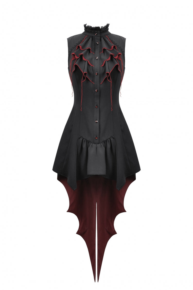 Black/Red Contrast Color Women's Gothic Ruffled Stand Collar Jabot Sleeveless Halloween Tail Dress - Product - 3