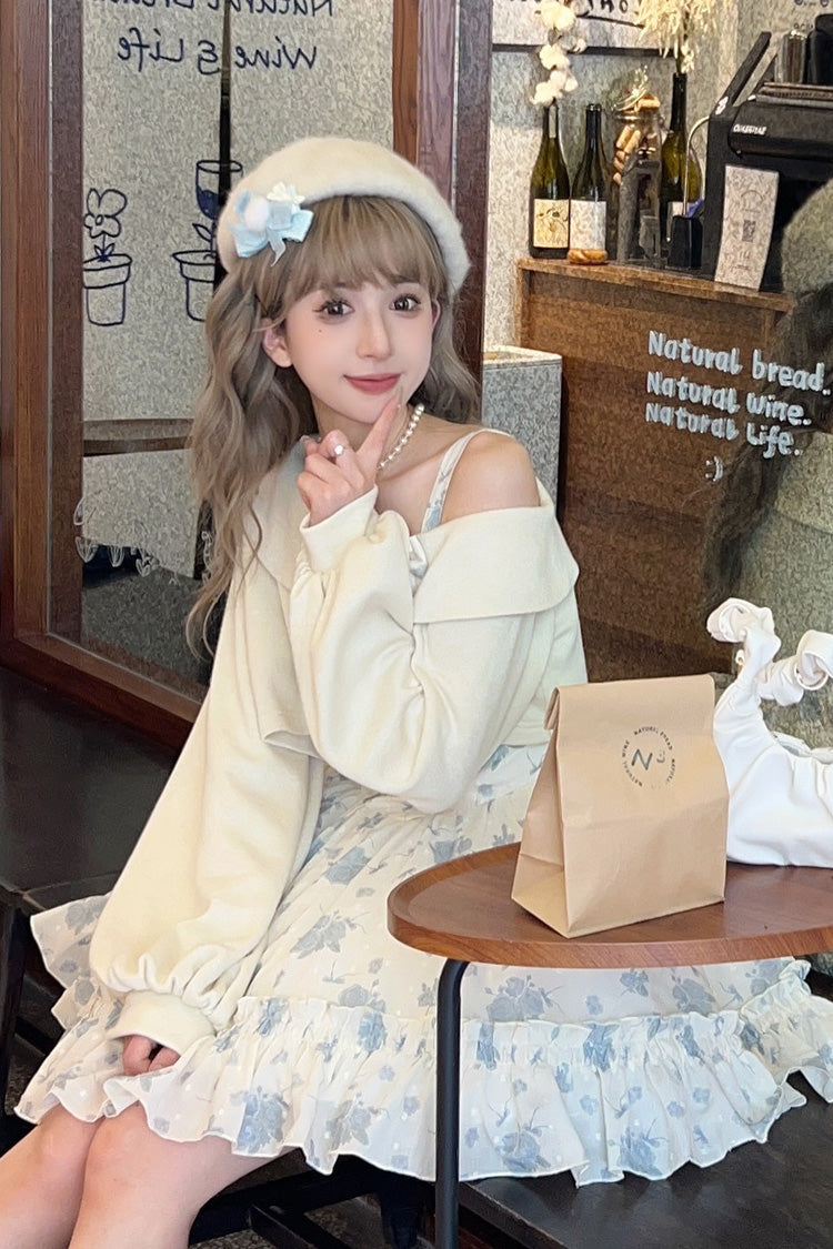 Blue Oblique Shoulder Print Ruffle Bowknot Lace Sweet Lolita Jsk Dress Set - Product - 4
