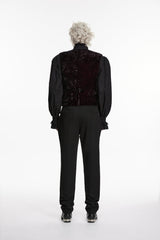 Black/Red V Collar Printed Slim Buckled Men's Gothic Retro Velvet Vest - Product - 2