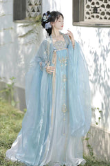 Blue Long Sleeves Embroidery Pearl Chain Sweet Tang-style Hanfu Hezi Dress Set - Blue - 1