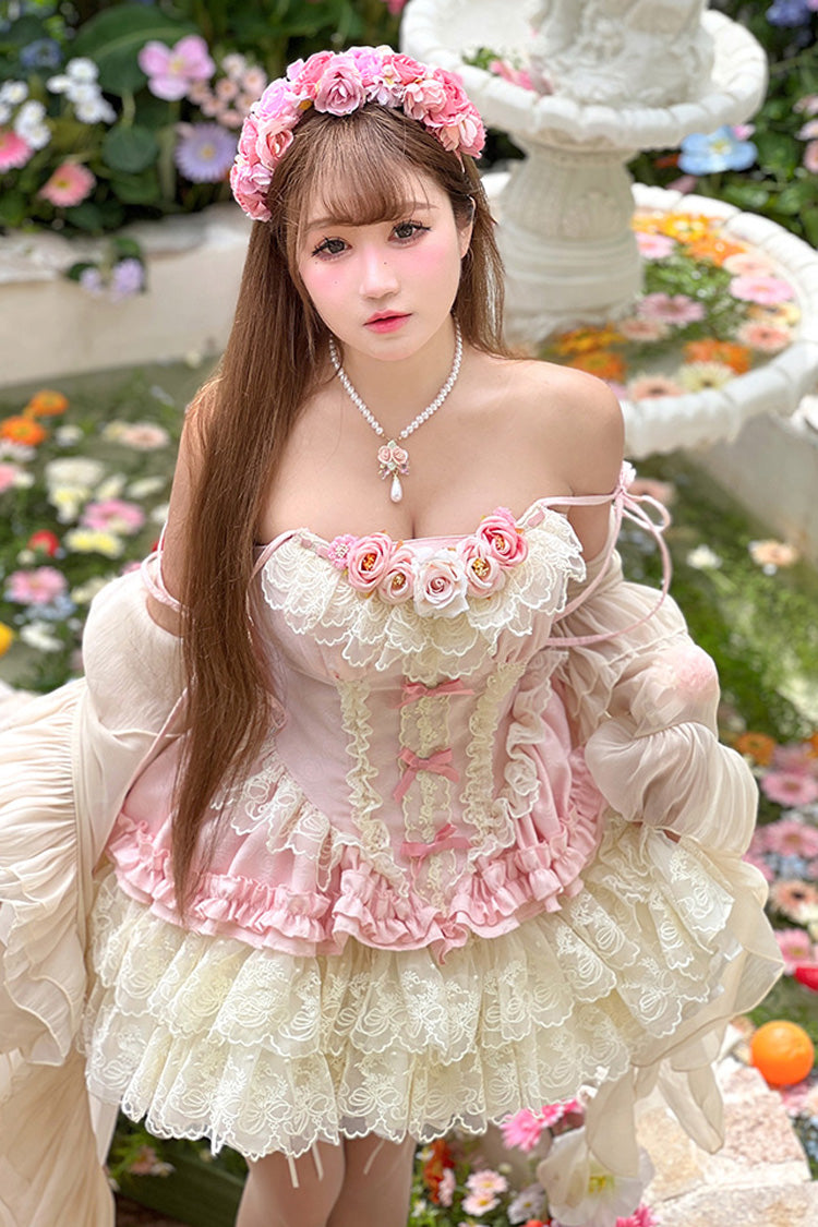 Pink [Pure Dream Flower Love] Multi-Layered Ruffle Embroidery Bowknot Lace Sweet Lolita Jsk Dress - Product - 4