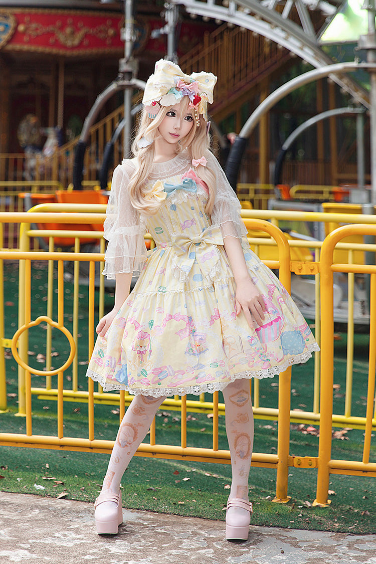 Yellow [Macarons Dolly House] Square Collar Sleeveless Printed Bow Sweet Lolita Jsk Dress - Yellow - 1