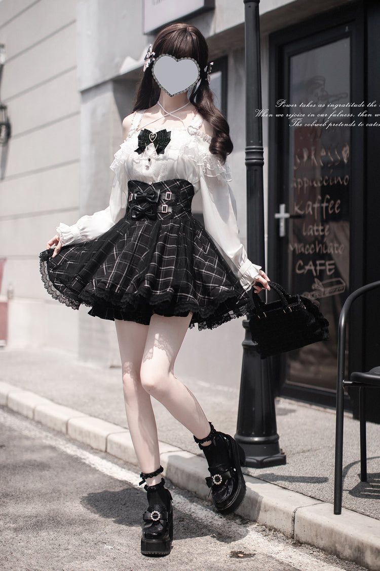 Black Plaid Print Bowknot Sweet Jirai Kei Japanese Skirt - Product - 5