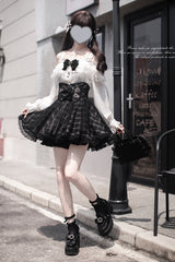 Black Plaid Print Bowknot Sweet Jirai Kei Japanese Skirt - Product - 5