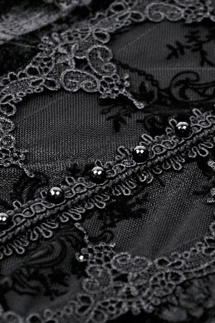 Black Off Shoulder Long Trumpet Sleeves Velvet Spliced Mesh Women's Gothic Graduation Dress - Product - 15
