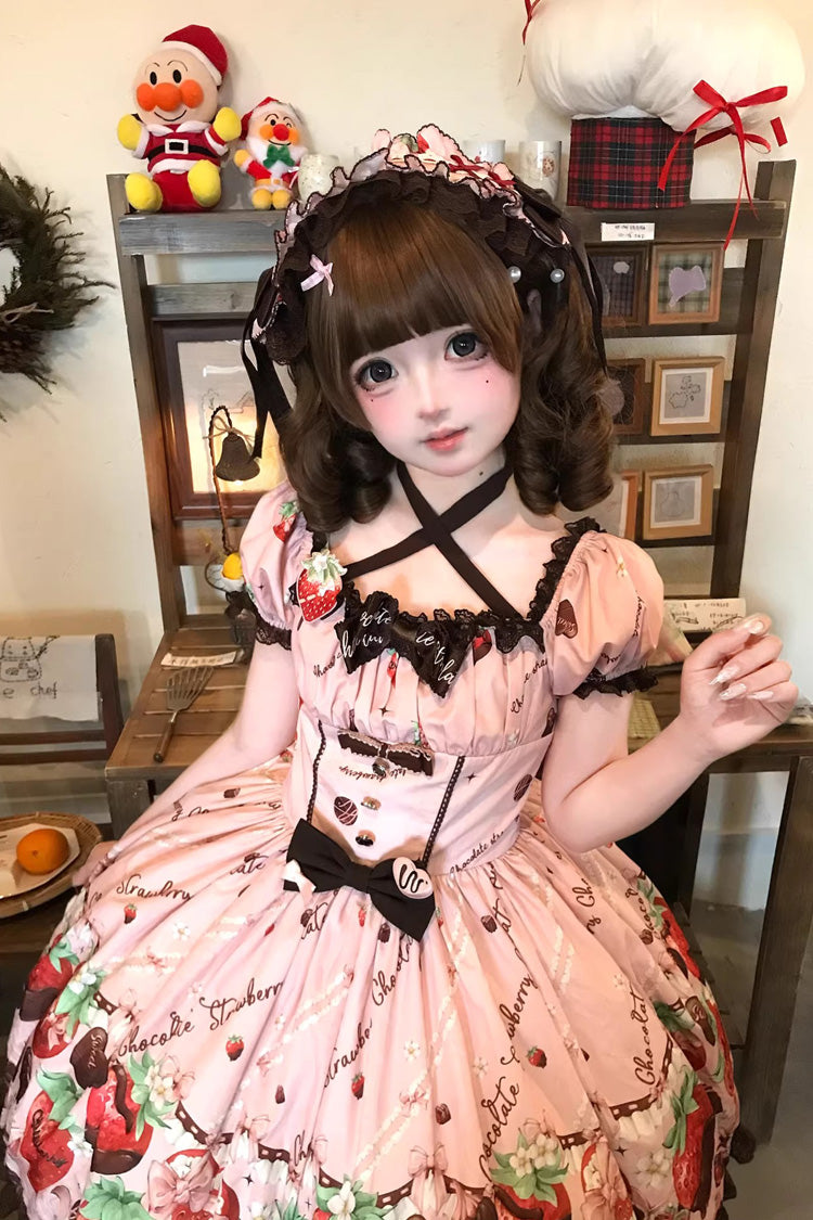 Pink [Strawberry Chocolate Lover] Square Collar Short Sleeves Printed Ruffled Bow Lace Sweet Lolita Dress - Product - 20