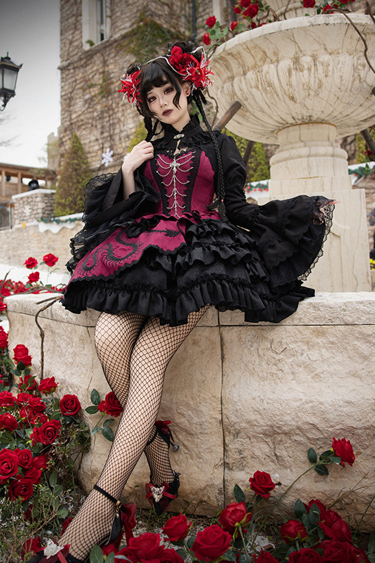 Black/Red Multi-Layered Ruffle Bowknot Lace Asymmetric Gothic Lolita Jsk Dress - Product - 2
