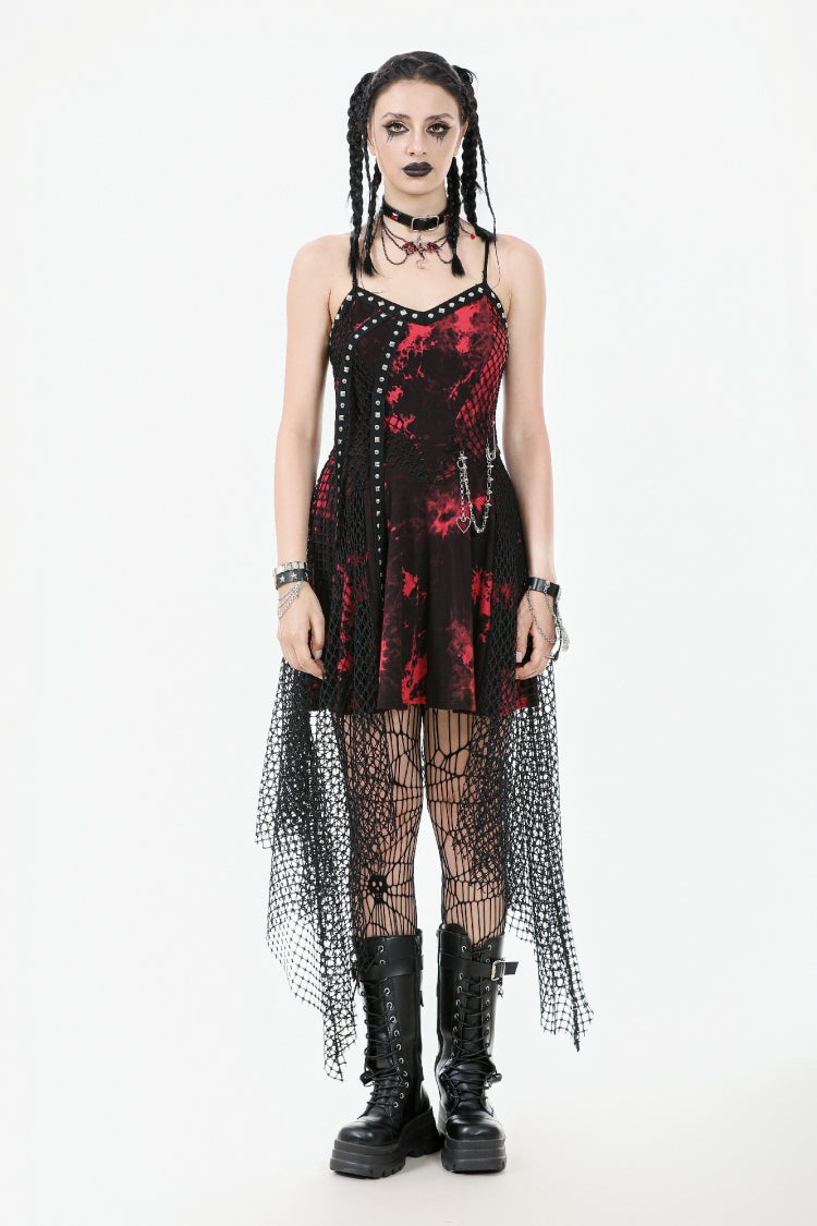 Red Sleeveless Mesh Hem Asymmetric Tie-dyed Women's Punk Slip Dress - Product - 11