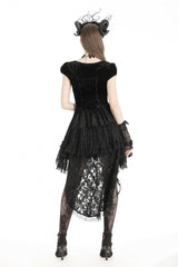 Black Square Collar Cap Sleeves Lace-Up High/Low Lace Ruffled Women's Gothic Princess Velvet Dress - Product - 4