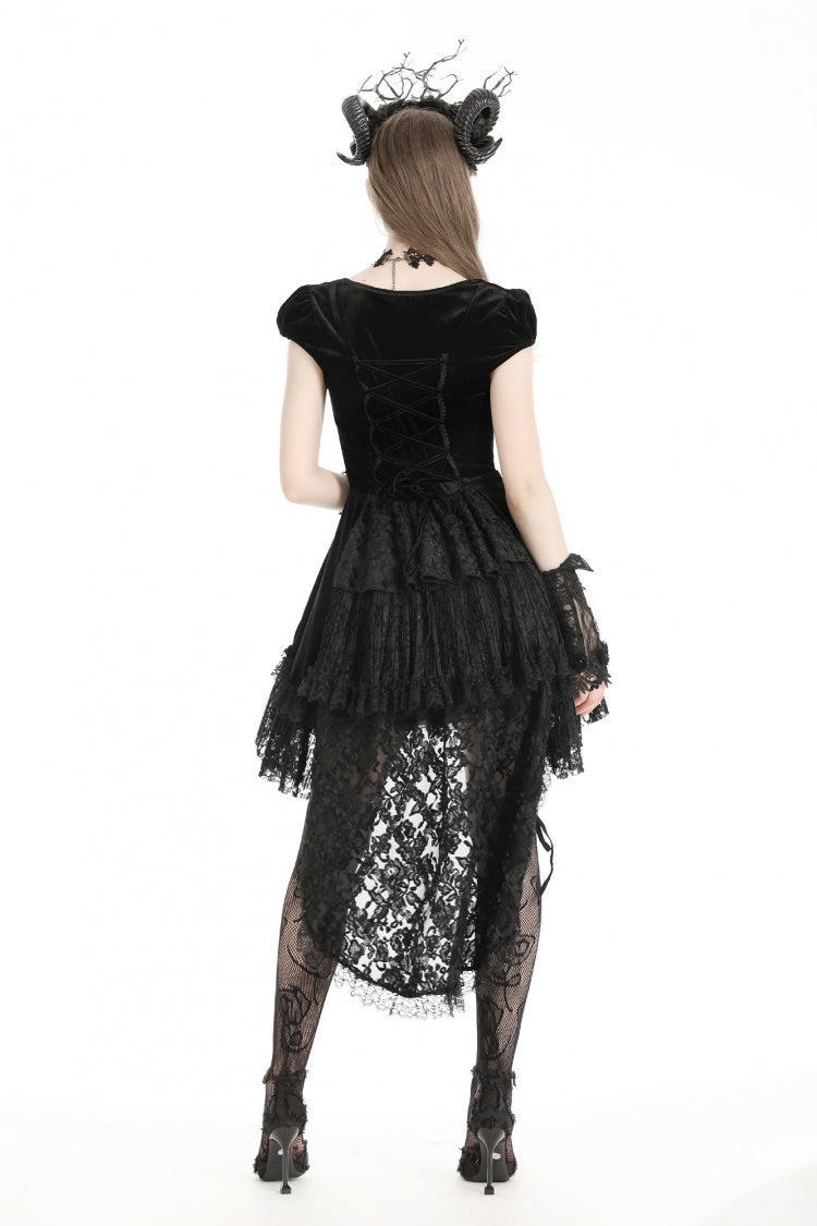 Black Square Collar Cap Sleeves Lace-Up High/Low Lace Ruffled Women's Gothic Princess Velvet Dress - Product - 4