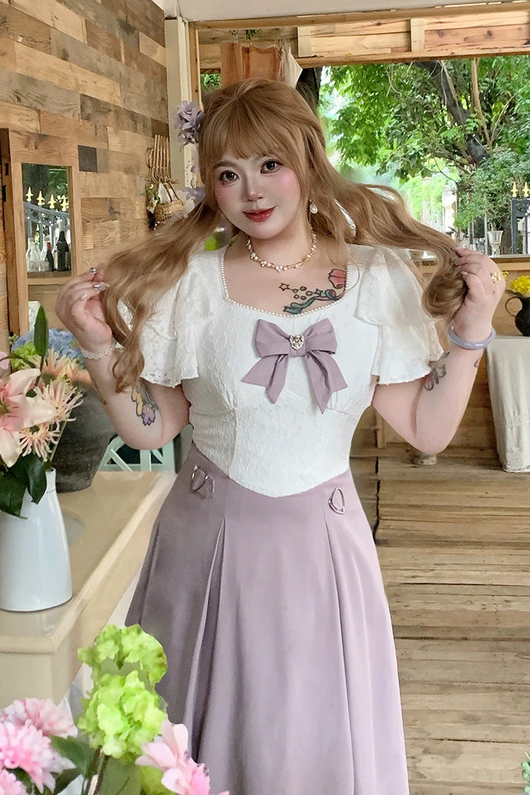 White/Purple Round Collar Short Sleeves Bow Patchwork Lace Sweet Japanese Plus Size Lolita Dress - Product - 7