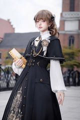 Black [Dragon’s Aria] Long Sleeves Printed Embroidered College Style Gothic Vintage Lolita Dress Three-Piece Set - Product - 9
