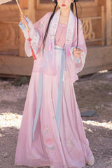 Pink Chinese Song Dynasty Ancient Naughty Cat Embroidery Four Piece Sweet Hanfu Dress - Pink - 1