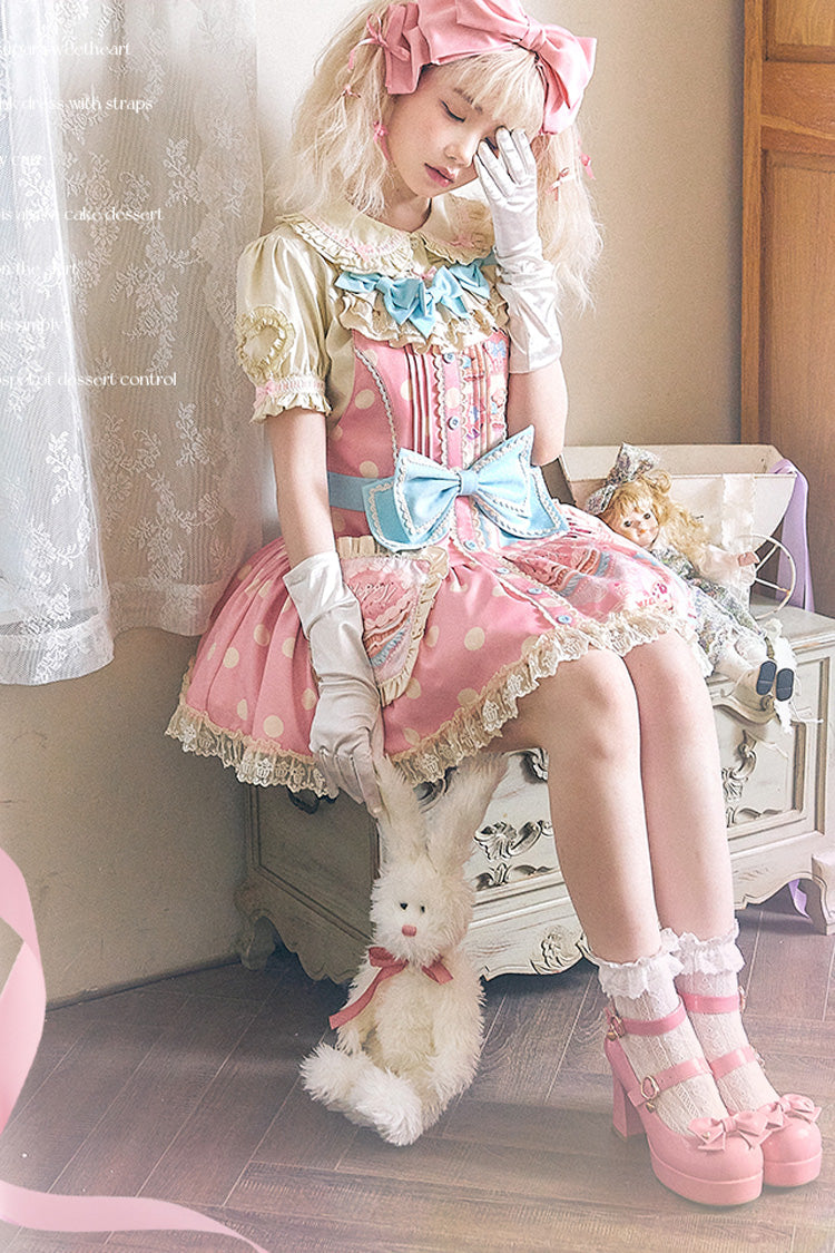 Pink Cake Chocolate Dessert Print Ruffle Bowknot Sweet Lolita Strap Dress - Product - 10