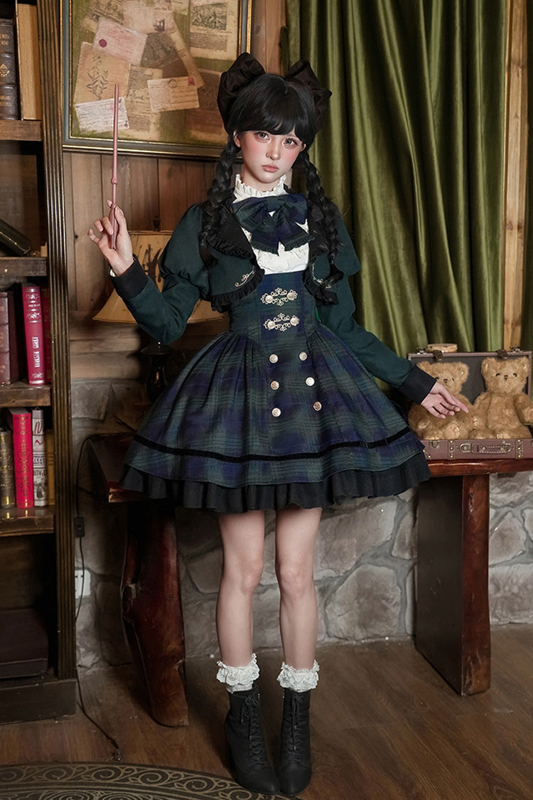 Blue/Green [Berlin's letter] Double-Layered Plaid Print Ruffle Bowknot Classic College Style Lolita Strap Dress Set 2 Versions - Product - 20