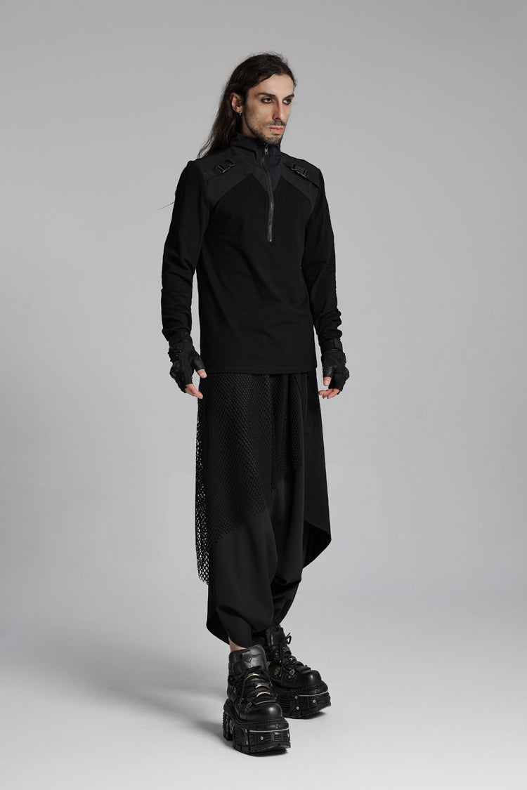 Black Stand Collar Long Sleeves Techwear Bucket-up Zip Men's Punk T-Shirt - Product - 2