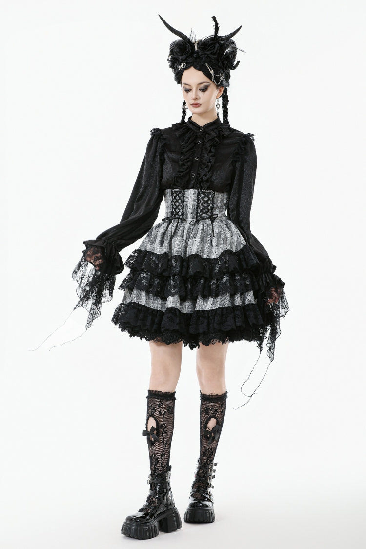 Black/Grey High Waisted Lace-Up Lace Ruffled Layered Hem Women's Lolita Gothic Skirt - Product - 11