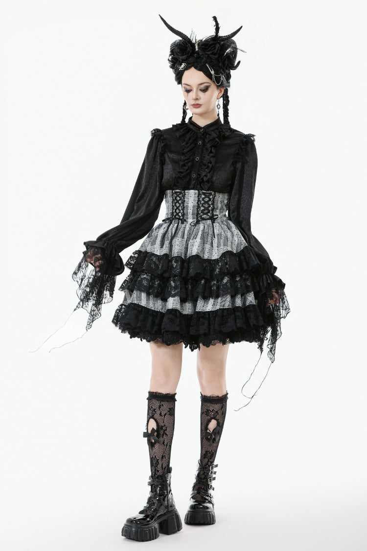 Black/Grey High Waisted Lace-Up Lace Ruffled Layered Hem Women's Lolita Gothic Skirt - Product - 11