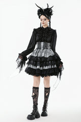 Black/Grey High Waisted Lace-Up Lace Ruffled Layered Hem Women's Lolita Gothic Skirt - Product - 11