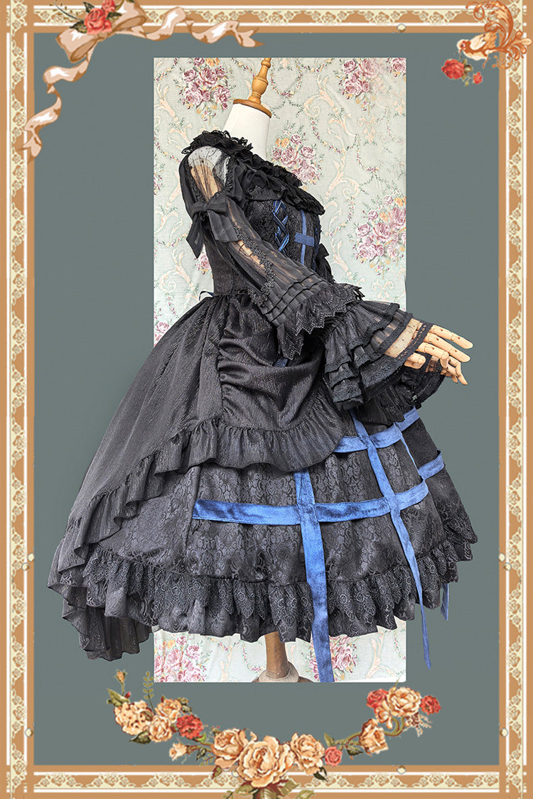 [Lilith’s Cage] Sleeveless Print Ruffle Bowknot Lace-Up Gothic Elegant Lolita Jsk Dress 2 Colors - Product - 6