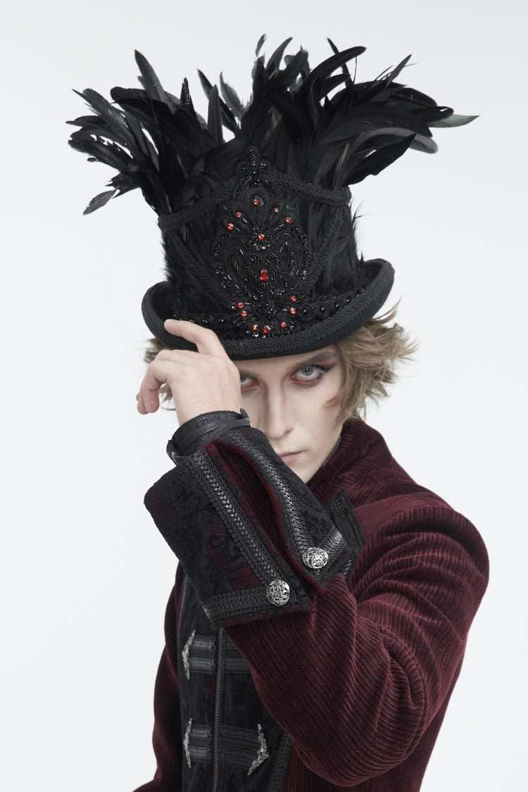 Black Embroidered Men's Gothic Palace Accessory Floral Feather Top Hat - Black - 2