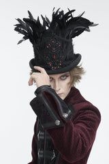 Black Embroidered Men's Gothic Palace Accessory Floral Feather Top Hat - Black - 2