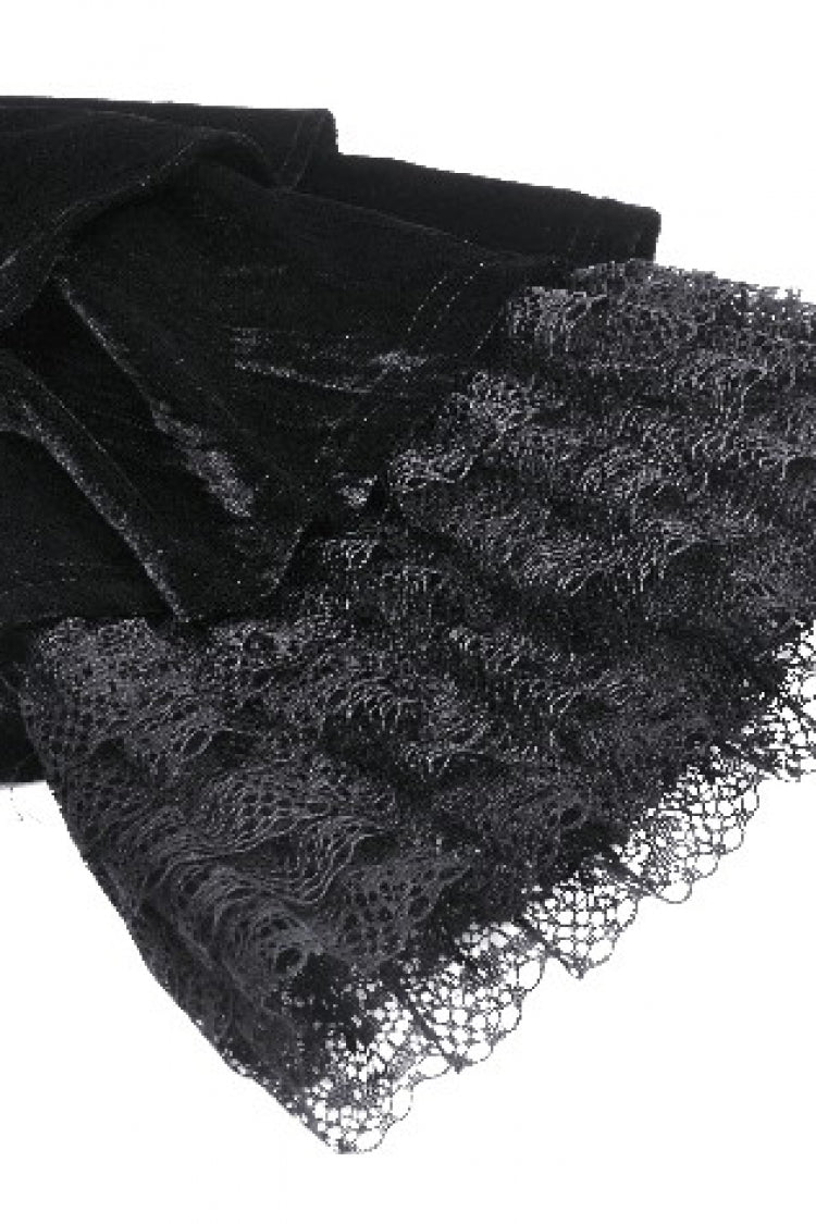 Black Women's Gothic Cross Lace Ruffled Stand Collar Long Flared Sleeves Lace-Up Velvet Dress - Product - 14