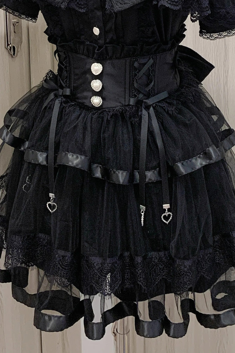 Jirai Kei Ruffle Bowknot Lace Fishbone Japanese Skirt 2 Colors - Black - 2