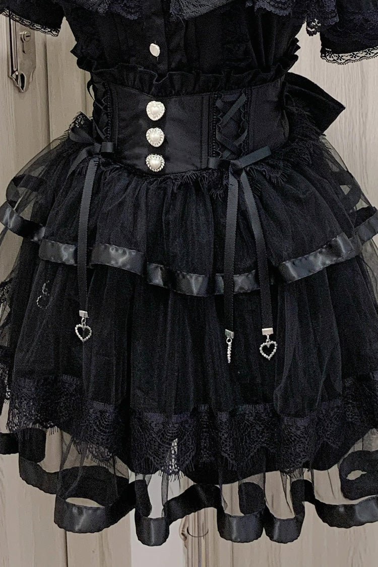 Jirai Kei Ruffle Bowknot Lace Fishbone Japanese Skirt 2 Colors - Black - 2