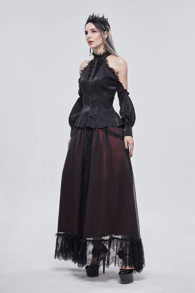 Black Lantern Sleeves Off The Shoulder Halter Lace Ruffled Women's Gothic Shirt - Product - 3