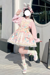 Kawaii Bears Print Yellow Bowknot Stitching Lace Sweet Lolita Strap Dress - Yellow - 1