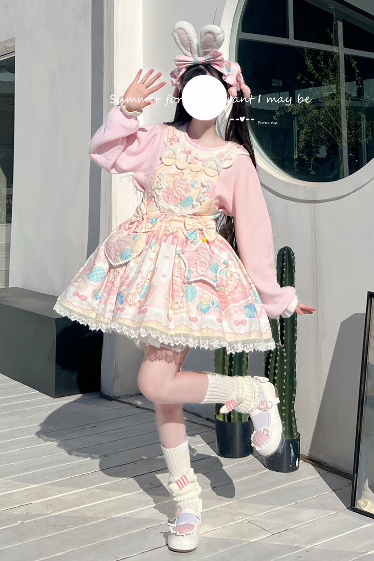 Kawaii Bears Print Yellow Bowknot Stitching Lace Sweet Lolita Strap Dress - Yellow - 1