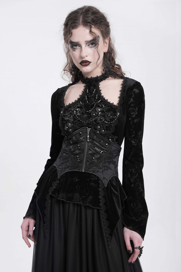 Black Batwing Beaded Lace-Up Zipper Women's Underbust Corset - Product - 9