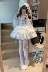 White [Little Love Song] Detachable Trumpet Sleeves Ruffle Bowknot Lace Sweet Lolita Top Skirt Set - Product - 5
