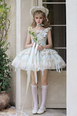 Green [Blossoming Heart Love ] Sleeveless Dark Jacquard Print Bowknot Lace Sweet Lolita Jsk Dress - Product - 5