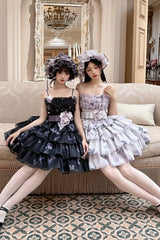[Stained Glass Dream] Square Collar Sleeveless High Waisted Multi-Layered Printed Ruffled Bow Gothic Lolita Jsk Dress 2 Colors(Black/Purple, White/Purple) - Product - 9