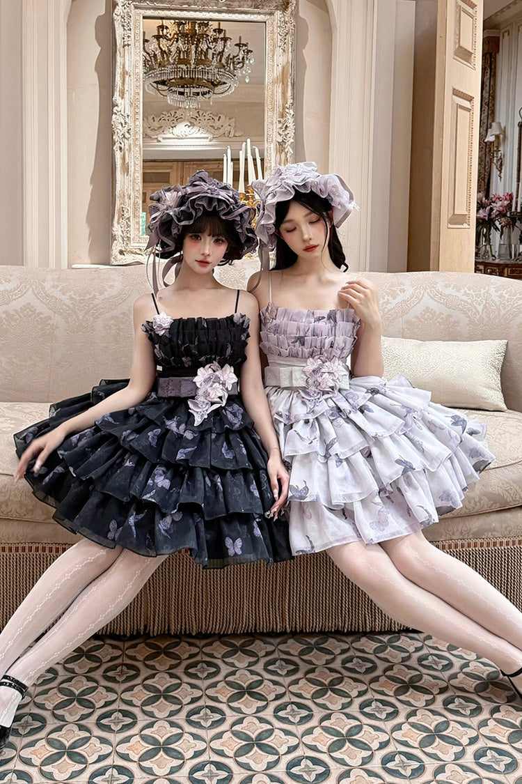 [Stained Glass Dream] Square Collar Sleeveless High Waisted Multi-Layered Printed Ruffled Bow Gothic Lolita Jsk Dress 2 Colors(Black/Purple, White/Purple) - Product - 9