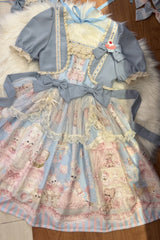Rabbit Bear Wardrobe Print Ruffle Bowknot Sweet Lolita Dress 3 Colors - Blue - 2