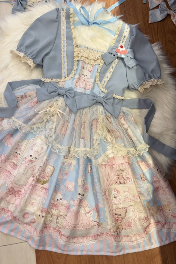 Rabbit Bear Wardrobe Print Ruffle Bowknot Sweet Lolita Dress 3 Colors - Blue - 2
