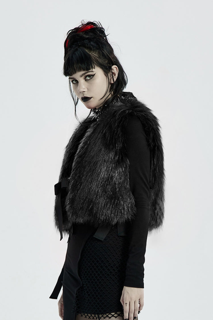 Black Sleeveless Bowknot Side Bandage Womens Steampunk Coat - Product - 2