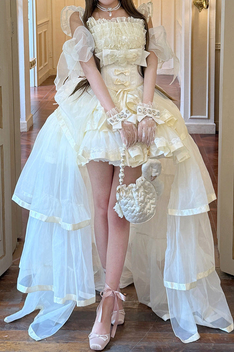 Beige [Mousse Love Song] Off Shoulder Sleeveless Triple-Layered Ruffled Hanayome Bow Sweet Elegant Ballet Lolita Short Dress Set - Beige-Train(Only) - 8