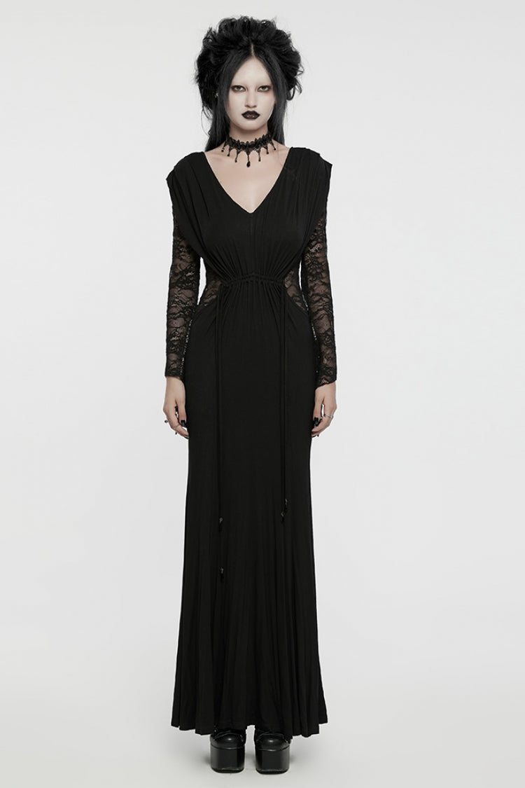 Black V Collar Long Sleeves Stitching Lace Women's Gothic Drawstring Honeymoon Dress - Black - 1