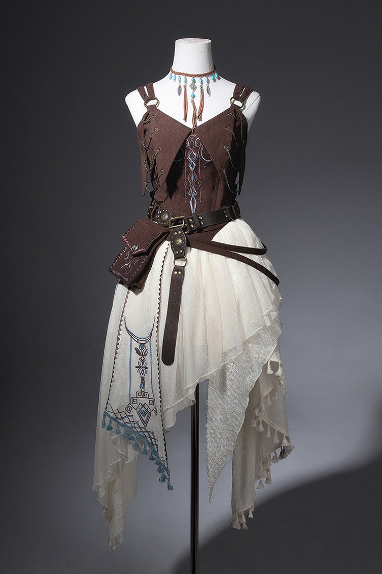 Brown/White [Dune Shadow Seeker] Sleeveless Ruffled Embroidered Irregular Vintage Lolita Skirt Set - Product - 3