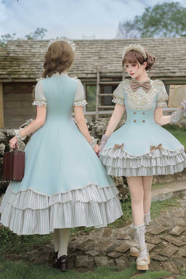 Blue [Sea Salt Snow Cap] Stand Collar Short Sleeves Petal Hem Ruffled Bow Sweet Lolita Dress Set 2 Versions - Product - 5