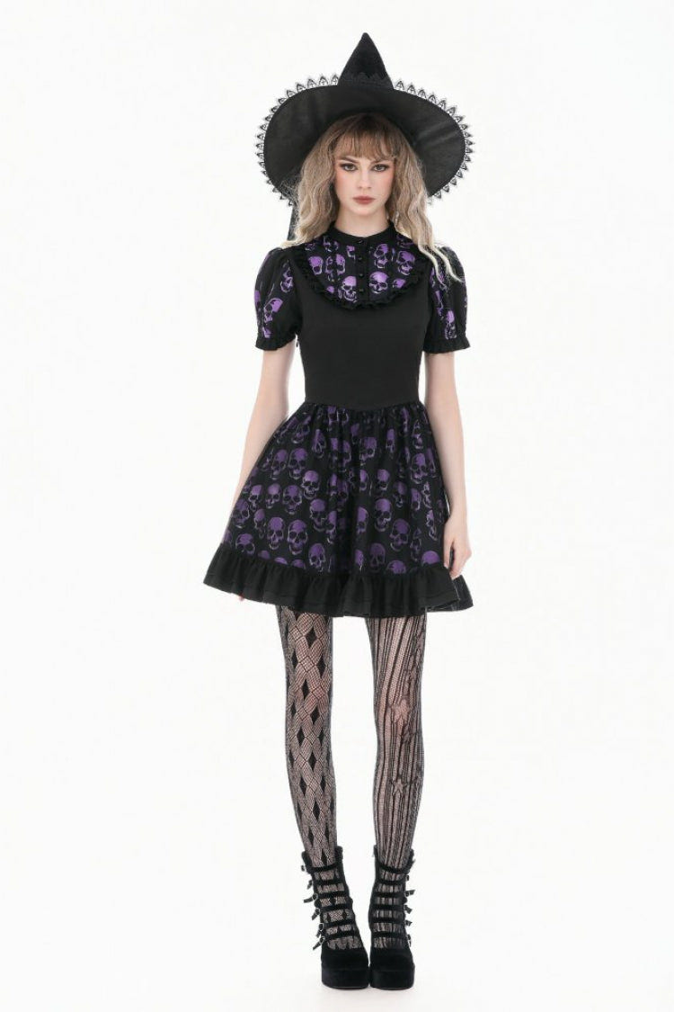 Black/Purple Short Puff Sleeves Skull Printed Lace-Up Women's Lolita Gothic Dress - Product - 7