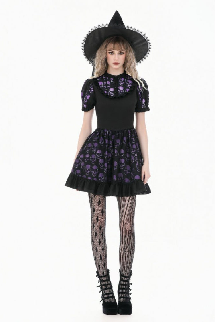 Black/Purple Short Puff Sleeves Skull Printed Lace-Up Women's Lolita Gothic Dress - Product - 7