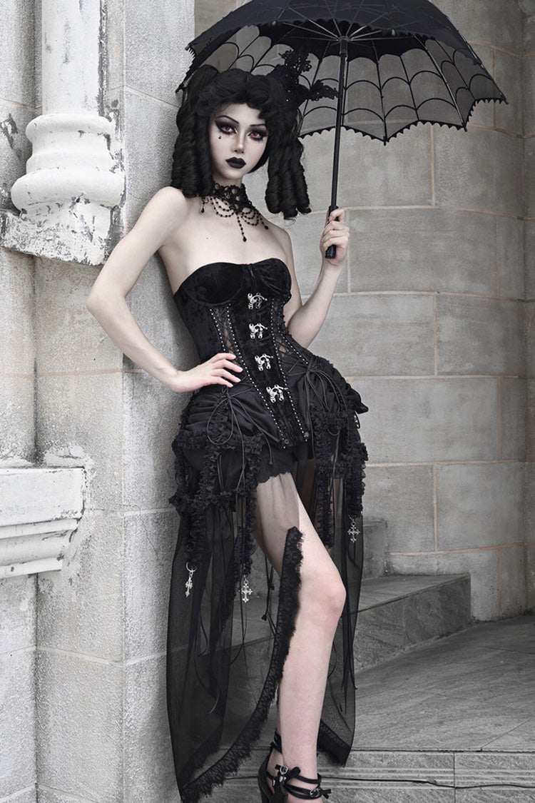 Black [Hell Alice] Hollow Lace-Up Fishbone Gothic Lolita Dress Corset - Black - 1